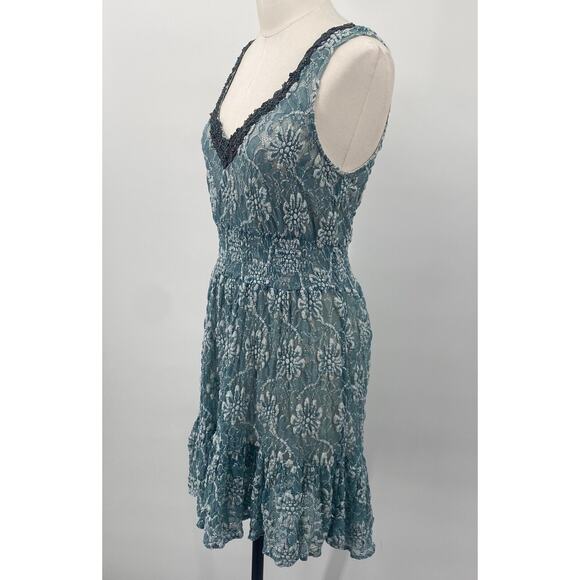 Free People Fit & Flare Mini Dress Floral Lace Beaded V Neck Sheer Teal Medium - Picture 4 of 8